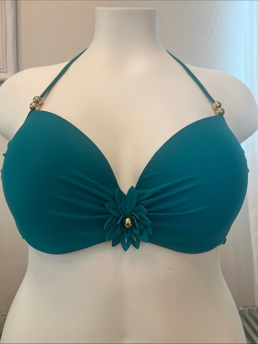 Teal Floral Halter Bikini Top with Gold Accents